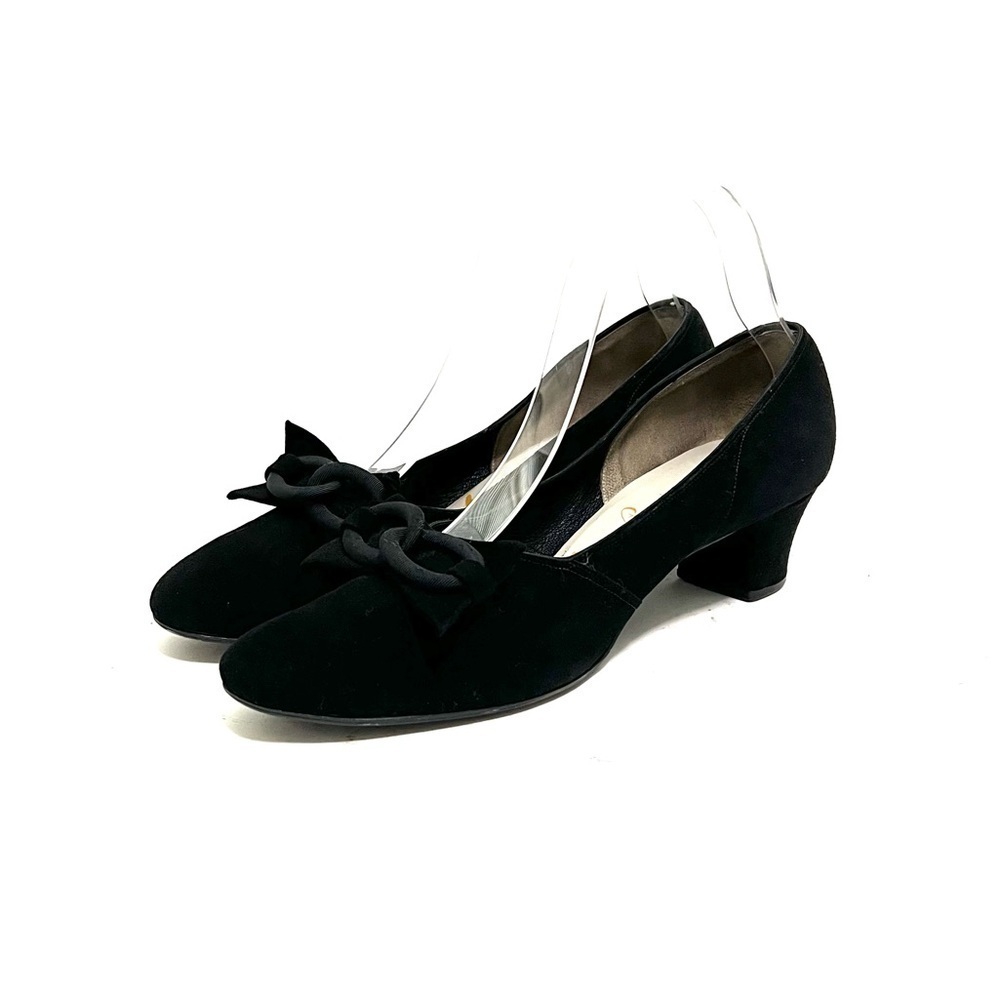 Vintage 1940s black suede slip on Cuban heel pinup bow pumps